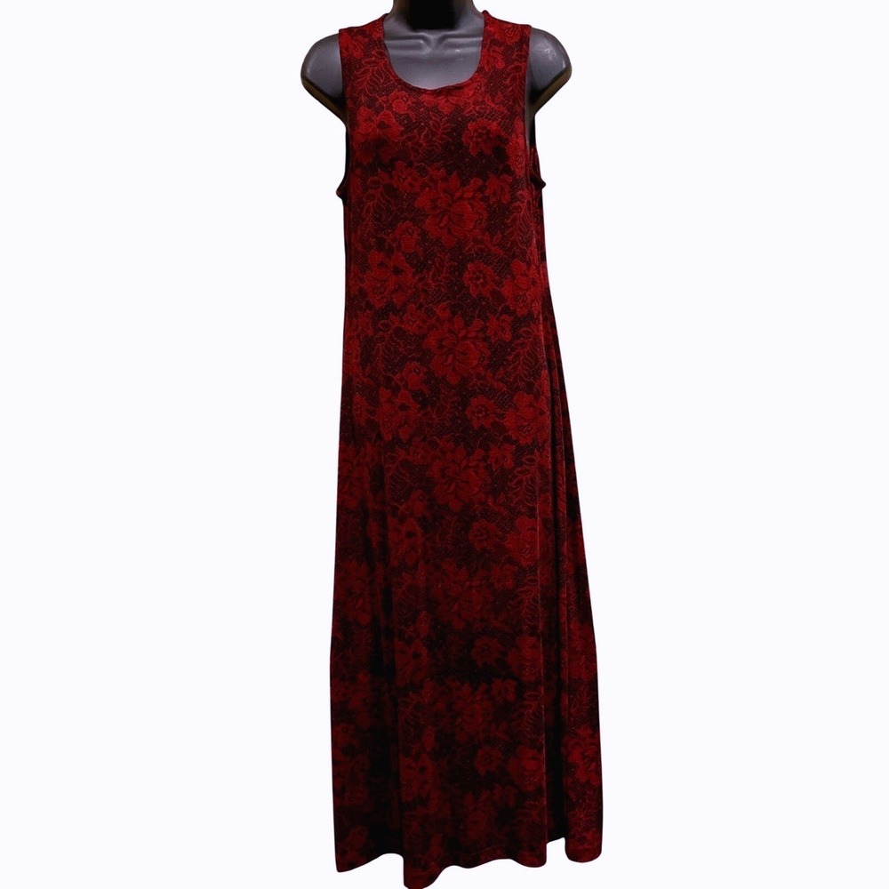 Vtg Connected Apparel Maxi Dress Womens M Red Black Romantic‎ Floral Sleeveless